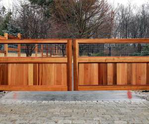 Custom cedar wood automated driveway gate by Tri State Gate, New York